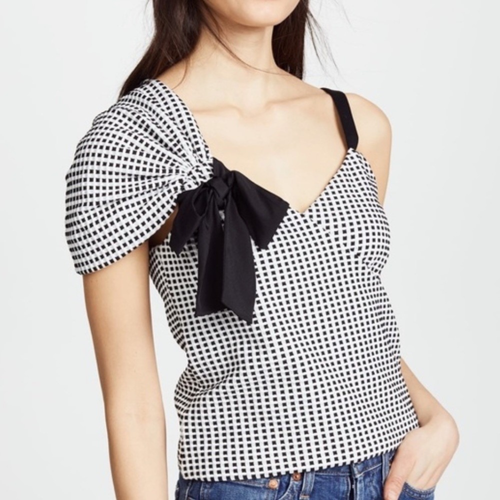 Club Monaco Top Asymmetrical Silhouette One‎ Shoulder Ruffle Black Gingham Bow S
